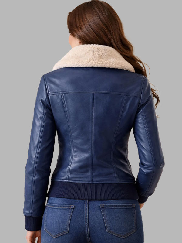 Women's Navy Blue Leather Bomber Jacket with Faux Fur