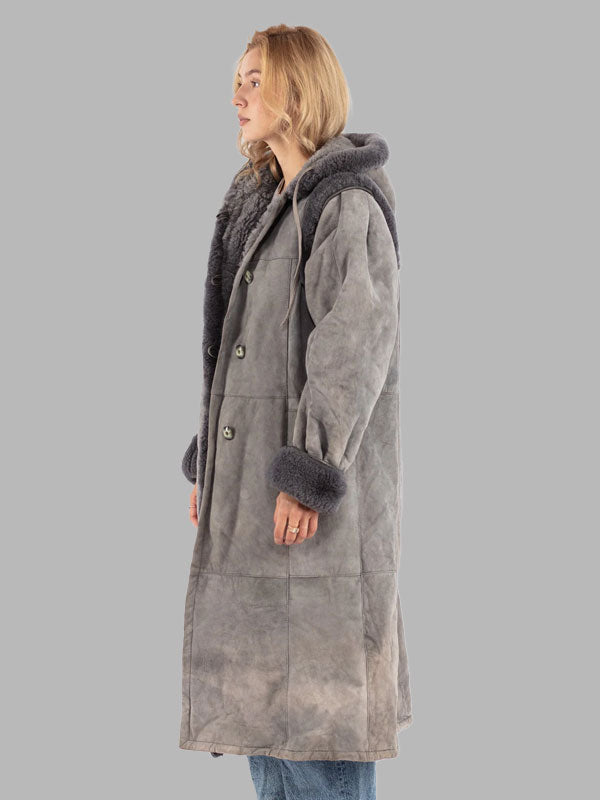 Women Vintage 80's Gray Sheepskin Shearling Coat