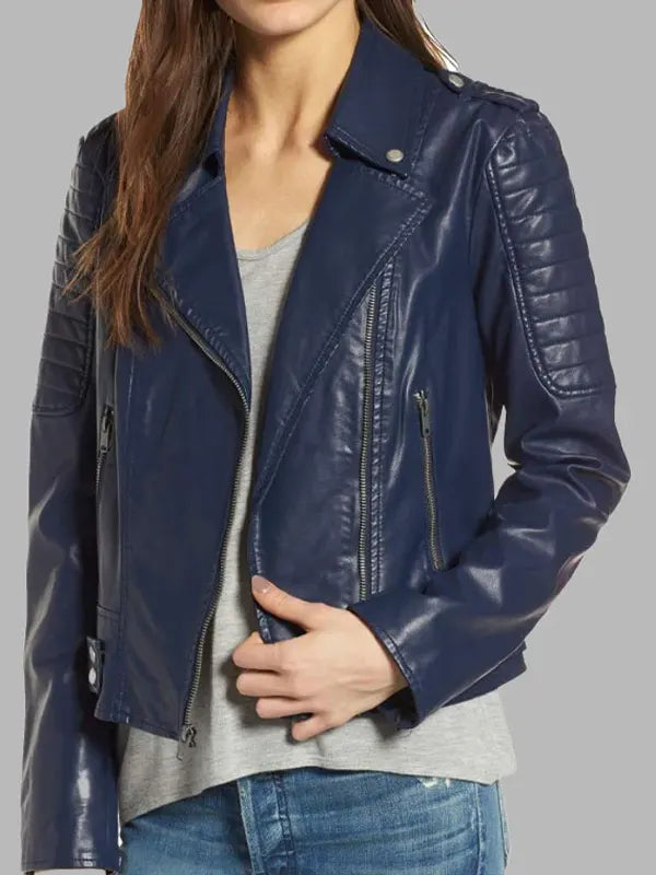 Women Blue Asymmetrical Style Biker Jacket