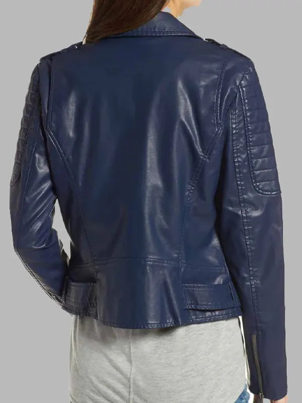 Women Blue Asymmetrical Style Biker Jacket
