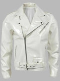 Women White Shiny Stylish Cafe Racer Biker Leather Jacket