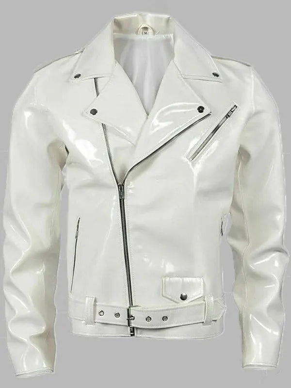 Women White Shiny Stylish Cafe Racer Biker Leather Jacket
