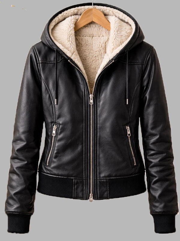 Women's Black Faux Fur Hooded Leather Bomber Jacket