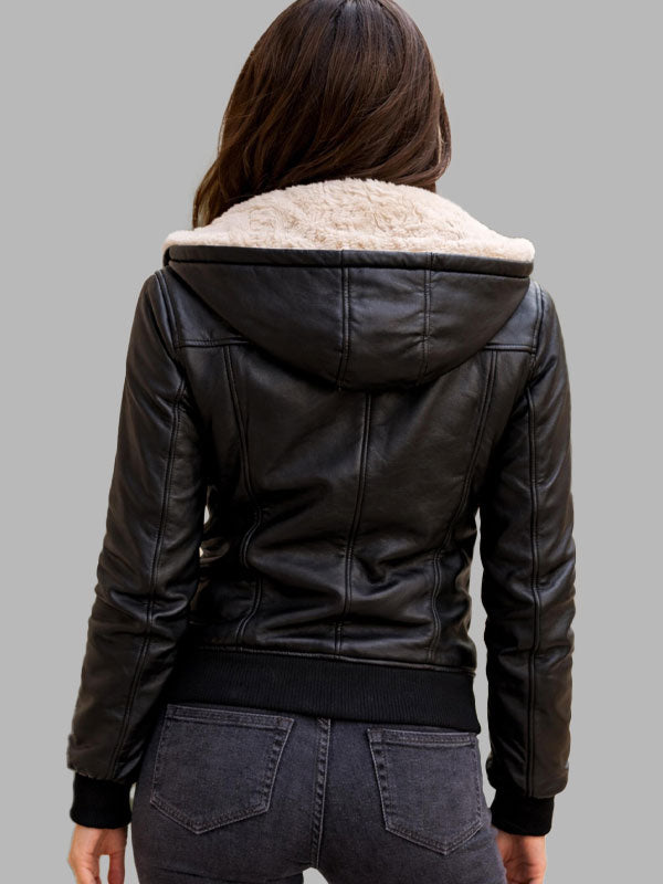 Women's Black Faux Fur Hooded Leather Bomber Jacket