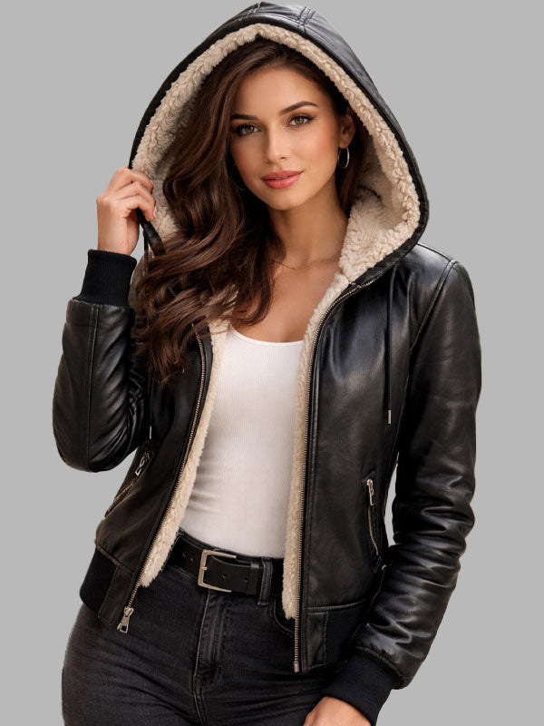 Women's Black Faux Fur Hooded Leather Bomber Jacket