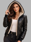 Women's Black Faux Fur Hooded Leather Bomber Jacket