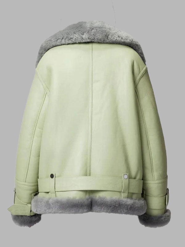 Women's Green Shearling Leather Bomber Jacket