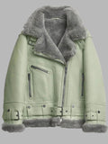 Women's Green Shearling Leather Bomber Jacket