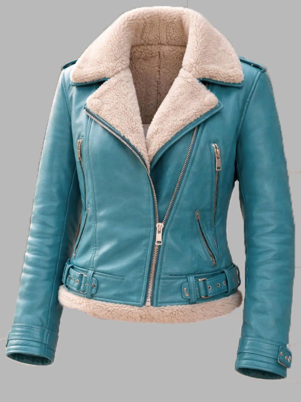 Women’s Blue Leather Bomber Jacket with Faux Fur