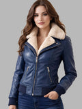 Women's Navy Blue Leather Bomber Jacket with Faux Fur