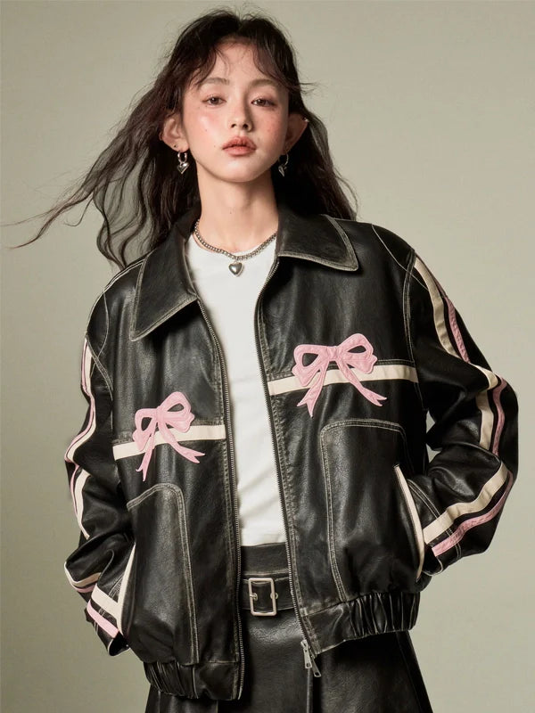 Womens-Pink-Bow-Leather-Oversized-Jacket-Black