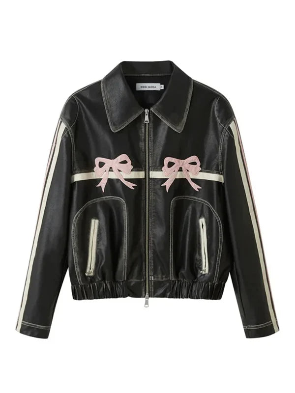 Womens-Pink-Bow-Leather-Oversized-Jacket