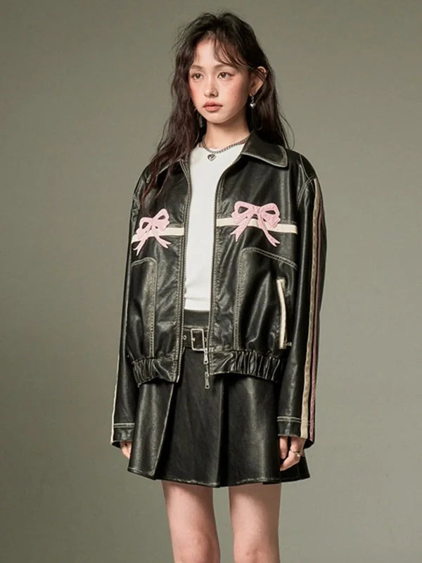 Womens-Pink-Bow-Vegan-Leather-Oversized-Jacket