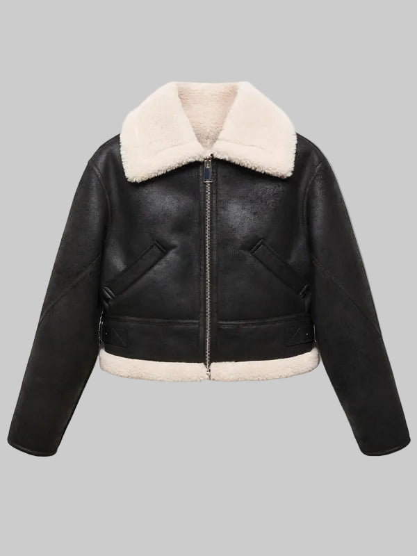 Womens-Shearling-Effect-Lined-Short-Leather-Jacket
