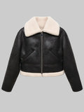 Womens-Shearling-Effect-Lined-Short-Leather-Jacket