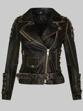 Womens Brando Brown Leather Biker Jacket-Bari
