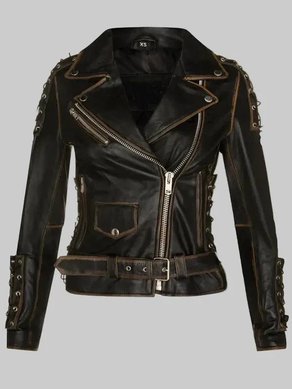 Womens Brando Brown Leather Biker Jacket-Bari