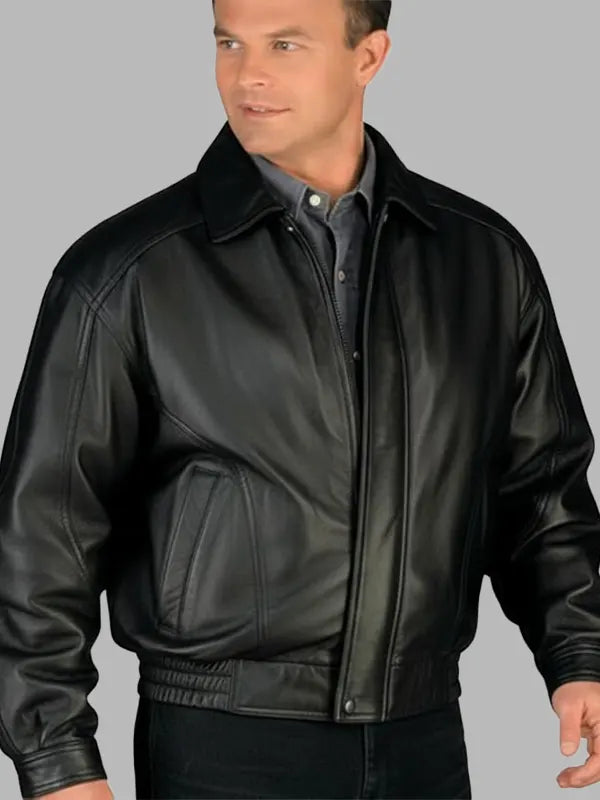 Zachary Black Real Leather Rib Bomber Jacket