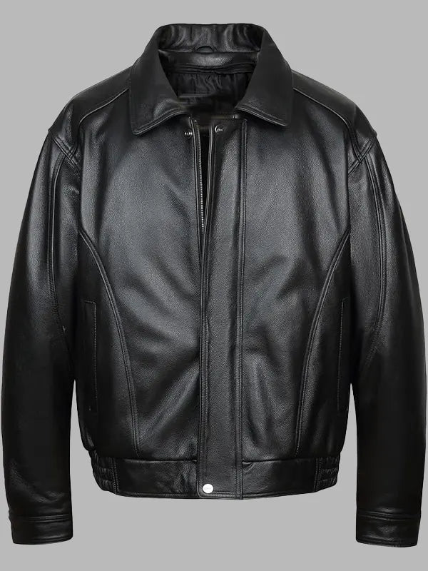 Zachary Black Real Leather Rib Bomber Jacket