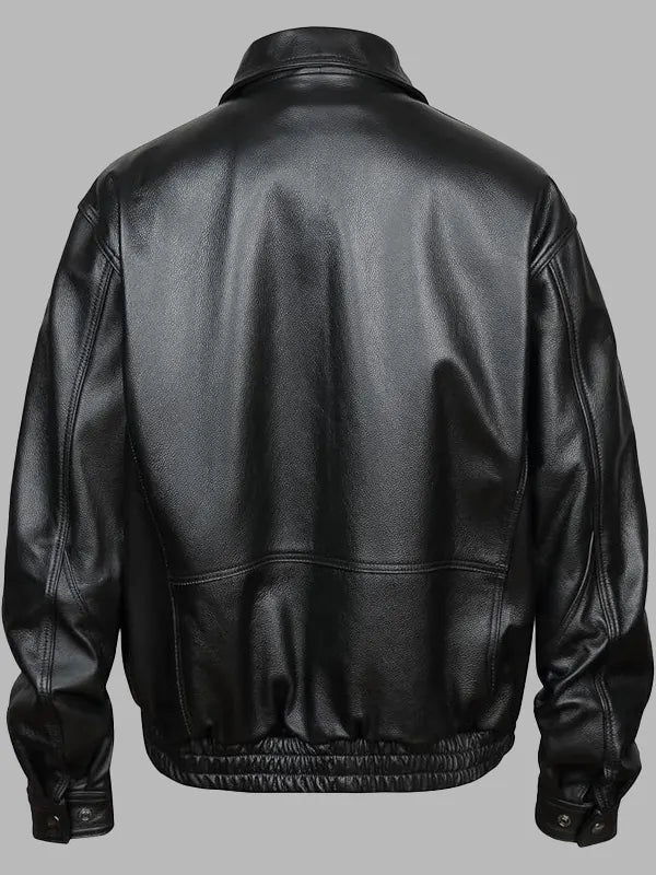 Zachary Black Real Leather Rib Bomber Jacket