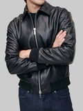 Zip-Front-Black-Leather-Bomber-Jacket