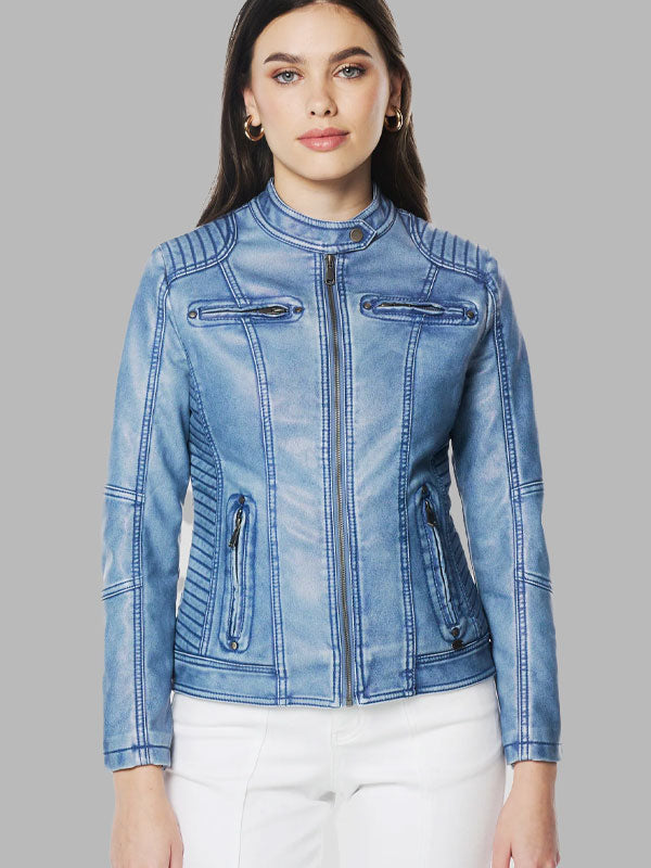Paula Blue Biker Leather Zip Jacket