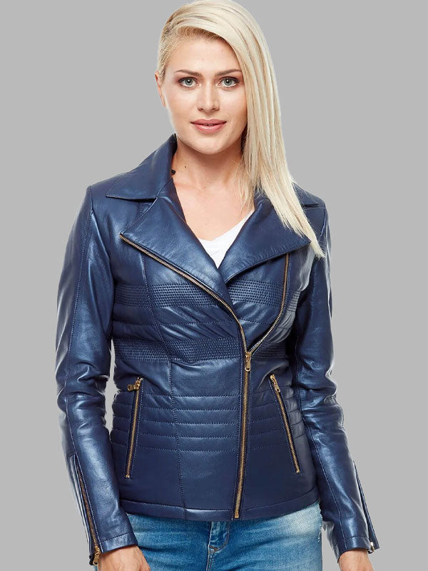 Eliana Women’s 100% Real Midnight Blue Leather Moto Removeable fur Jacket