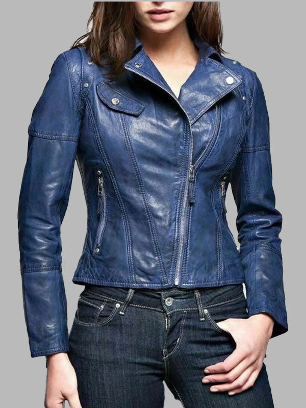 Elizabeth Blue Leather Slimfit Biker Fashion Jacket