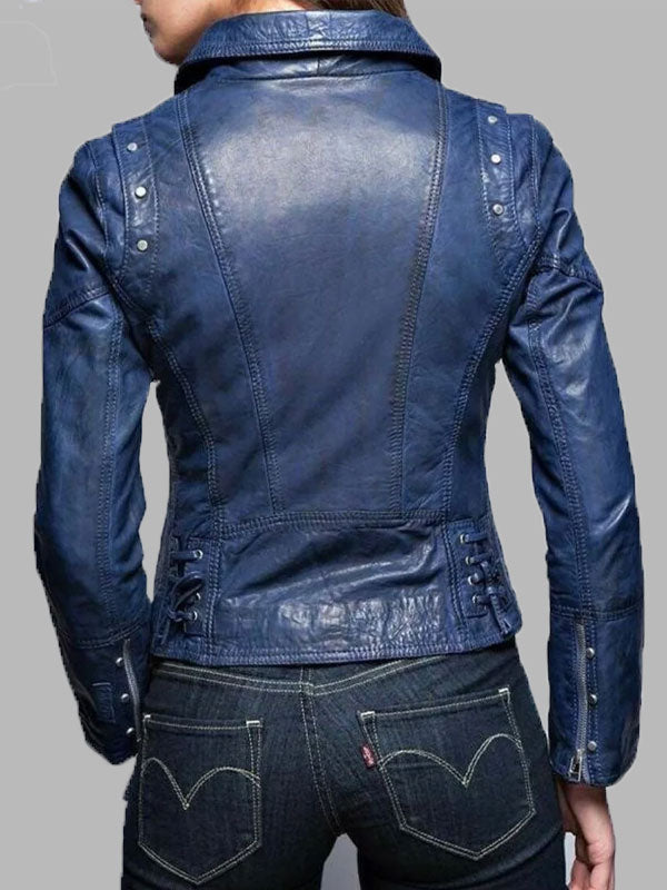 Elizabeth Blue Leather Slimfit Biker Fashion Jacket