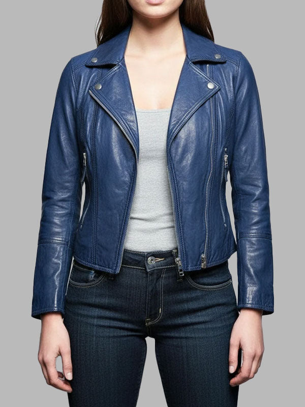 Elizabeth Blue Leather Slimfit Biker Fashion Jacket