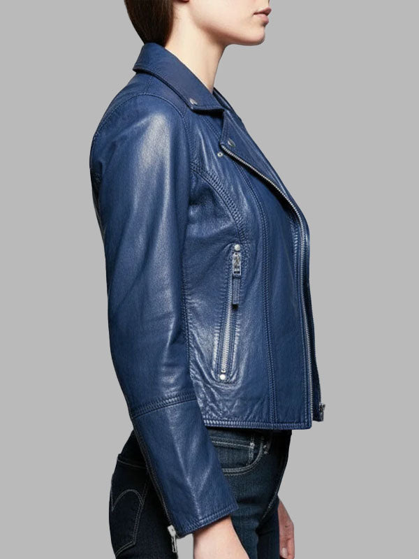 Elizabeth Blue Leather Slimfit Biker Fashion Jacket