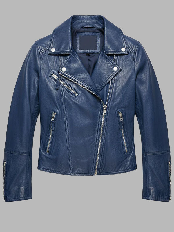 Elizabeth Blue Leather Slimfit Biker Fashion Jacket