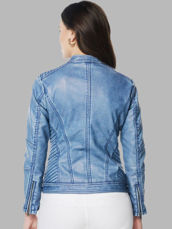Paula Blue Biker Leather Zip Jacket