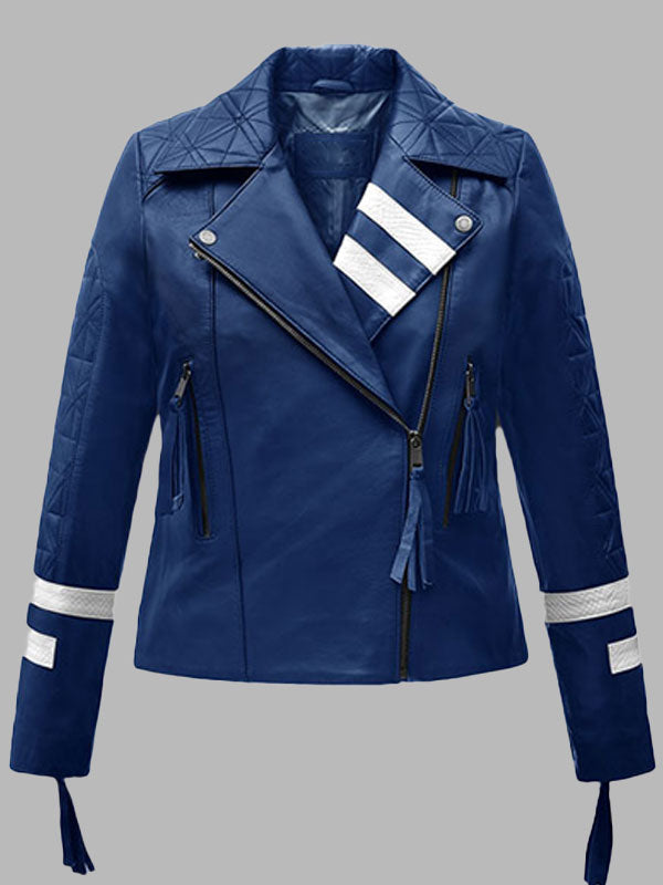 Julie Ladies Navy Blue Moto Leather Jacket