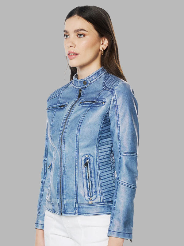 Paula Blue Biker Leather Zip Jacket