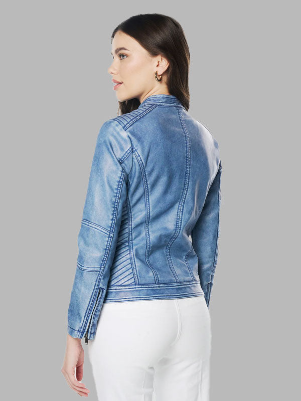 Paula Blue Biker Leather Zip Jacket
