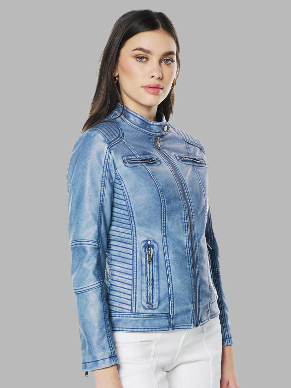 Paula Blue Biker Leather Zip Jacket