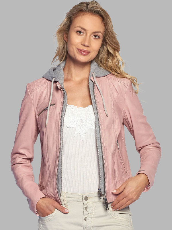 Ruth Pink Leather Hooded Jacket