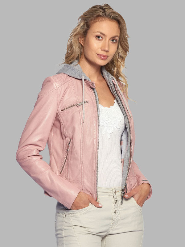Ruth Pink Leather Hooded Jacket