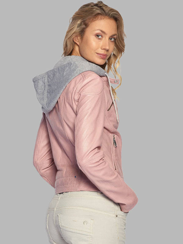 Ruth Pink Leather Hooded Jacket