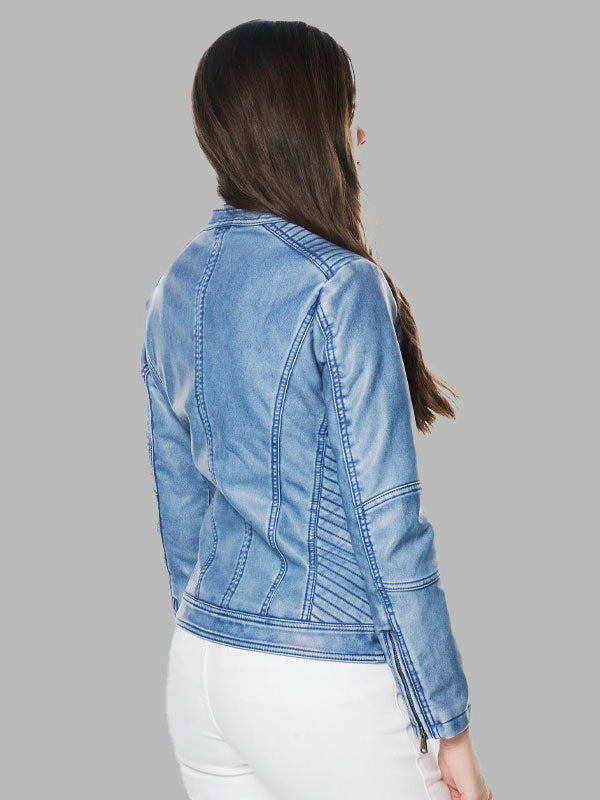 Paula Blue Biker Leather Zip Jacket