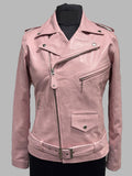 Virginia Pink Belt Style Leather Biker Jacket