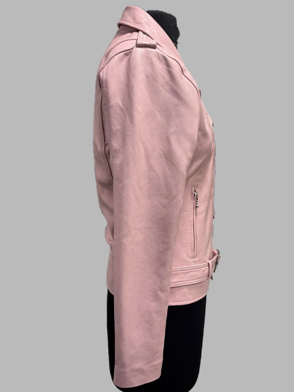 Virginia Pink Belt Style Leather Biker Jacket