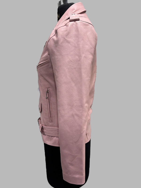Virginia Pink Belt Style Leather Biker Jacket