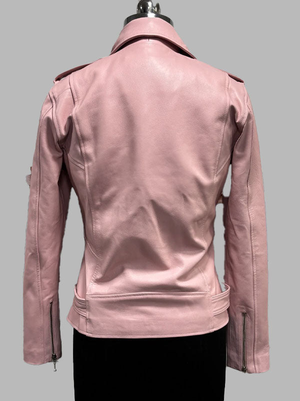 Virginia Pink Belt Style Leather Biker Jacket