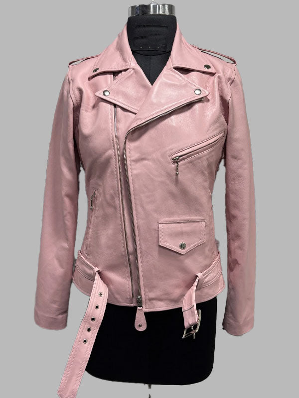 Virginia Pink Belt Style Leather Biker Jacket