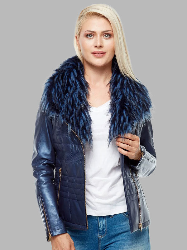 Eliana Women’s 100% Real Midnight Blue Leather Moto Removeable fur Jacket