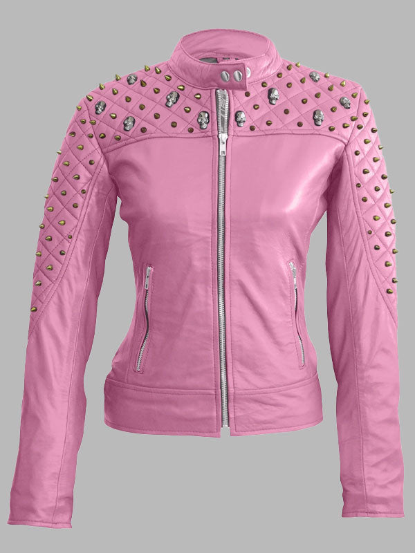 Mary Pink Spike Skeleton Studs Genuine Leather Jacket