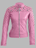 Mary Pink Spike Skeleton Studs Genuine Leather Jacket
