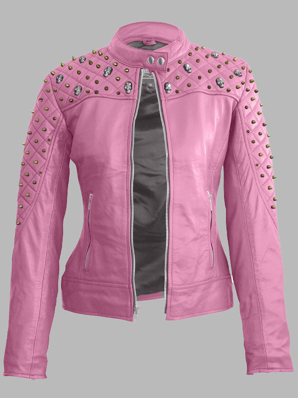 Mary Pink Spike Skeleton Studs Genuine Leather Jacket
